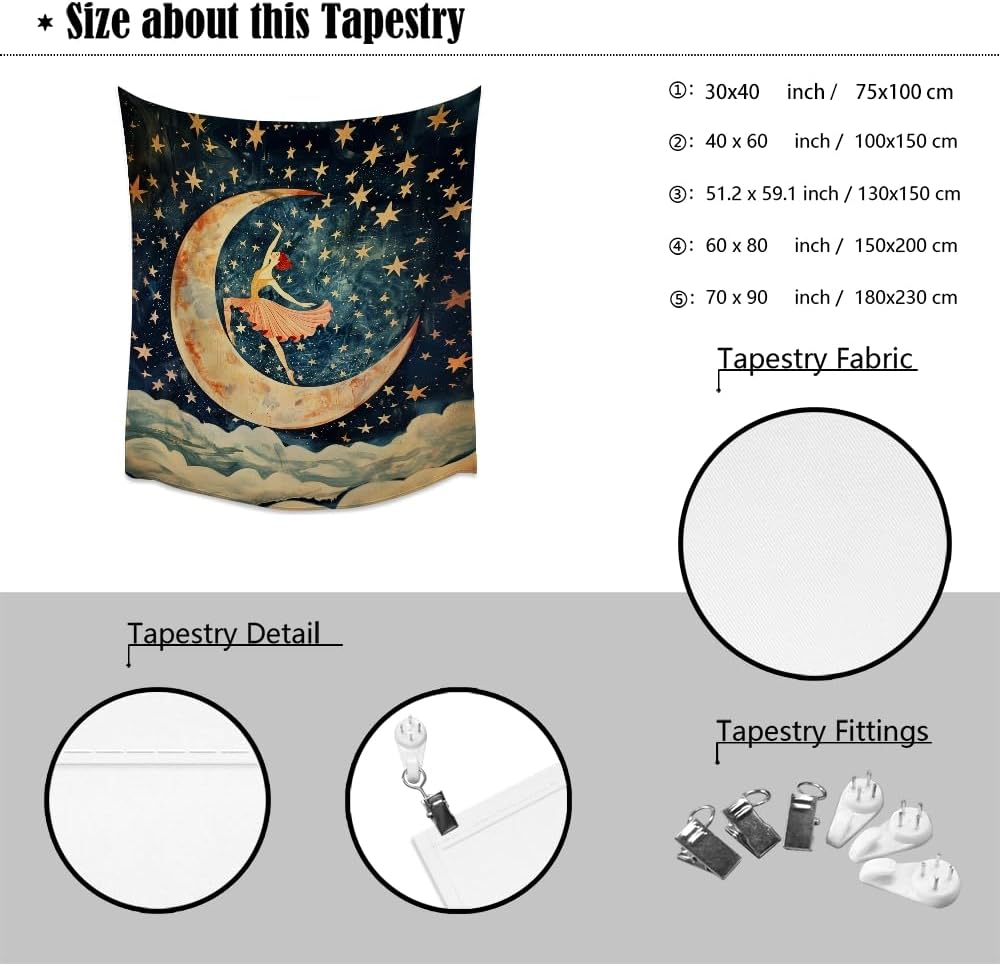Dancer on the Moon Tapestry Starry Night Sky Art Print Dark Academia Gothic Aesthetic Wall Hanging Stars Moon Clouds Tapestries Whimsical Wall Decor for Nursery Bedroom 60x80inch