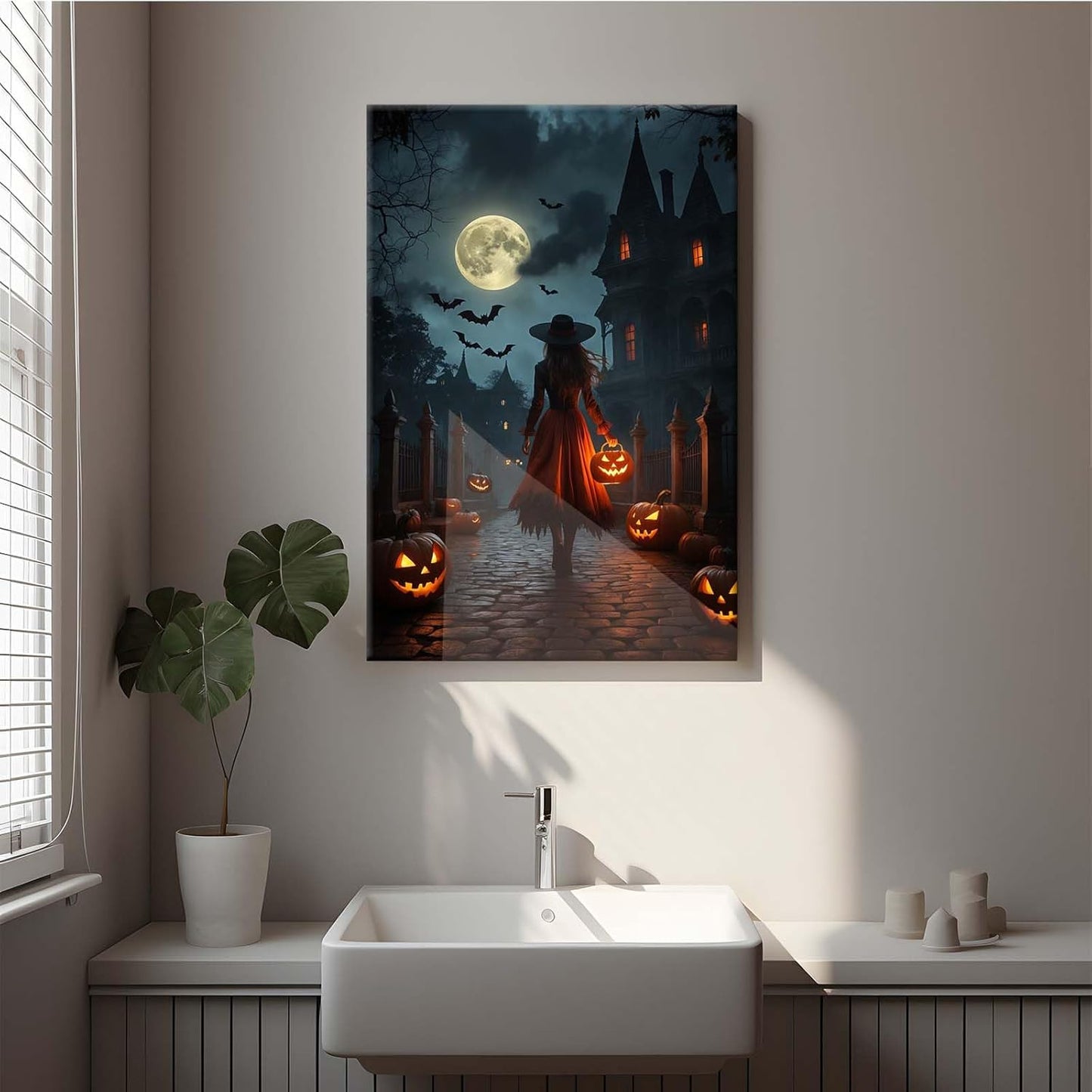 JFHCQJPK Halloween theme poster moonlit autumn night witch vintage poster art print dark college style gothic painting canvas wall decoration bedroom living room ideal gift28x40in Frameless