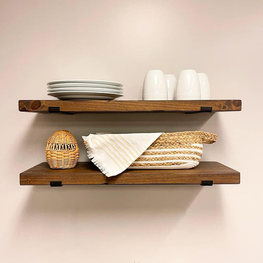 Rustic Shelves with J-Brackets Set of 2, Industrial Shelf, Kitchen Shelves, Solid Wood, Decorative Wall Storage, Heavy Duty, URBANDI (Provincial, 48Wx8D)