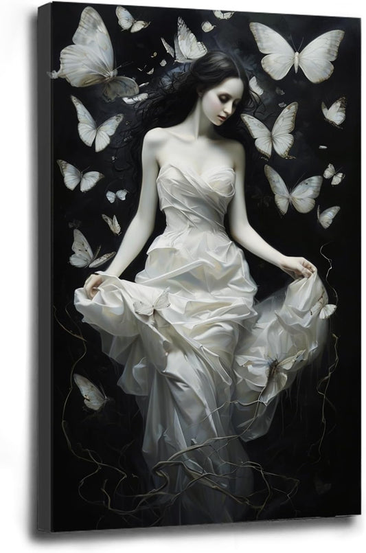 Vintage Gothic Feminine Canvas Wall Art Print Butterfly Poster Moody Preppy Wall Art Dark College Decor for Home Bedroom20x30in Wood Framed
