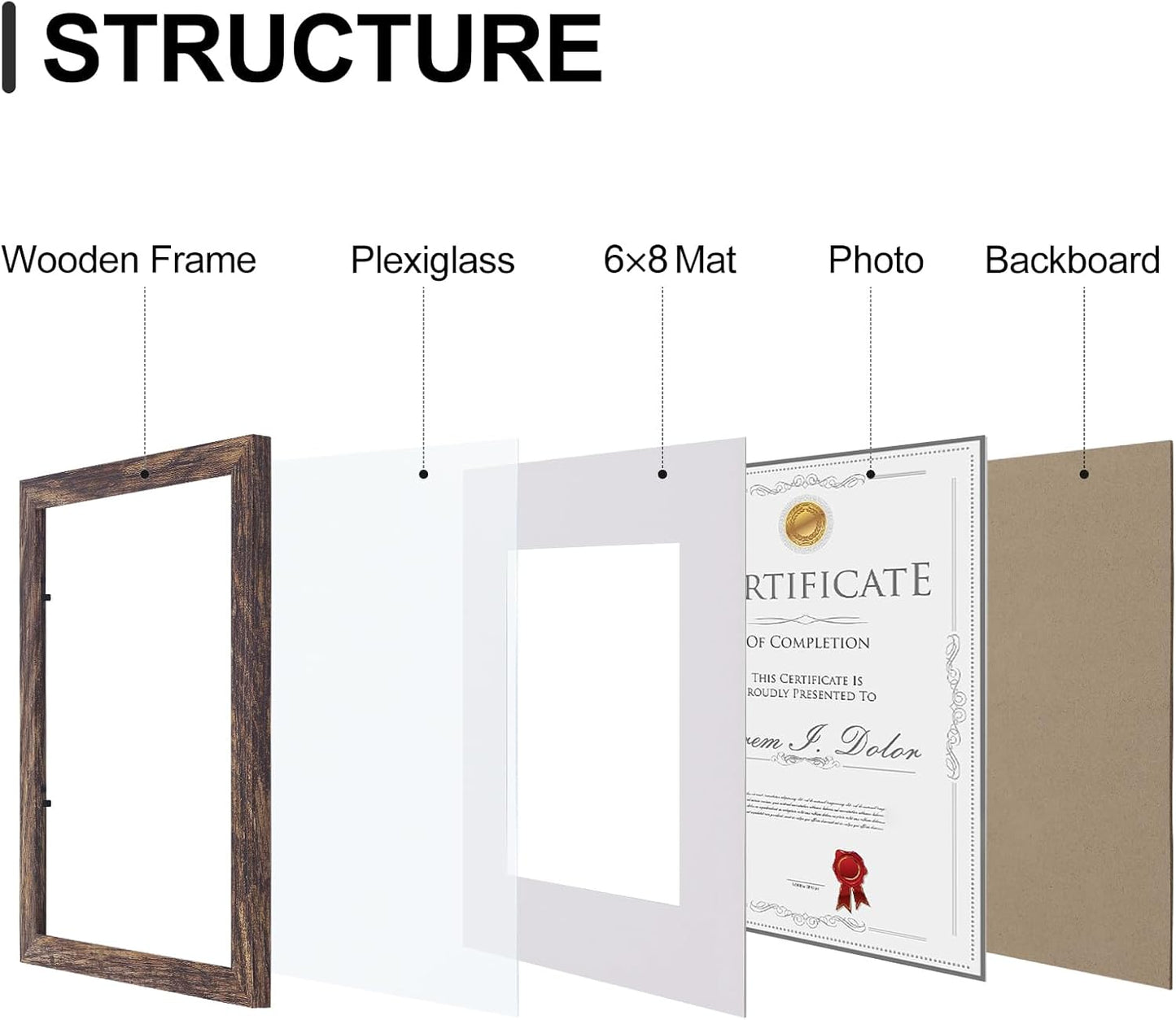 Vittanly 8.5x11 Picture Frames Set of 9, Shatter Resistant Plexiglass, Display 6x8 Pictures with Mat or 8.5x11 without Mat, Photo Frames for Wall or Tabletop, Engineered Wood, Brown