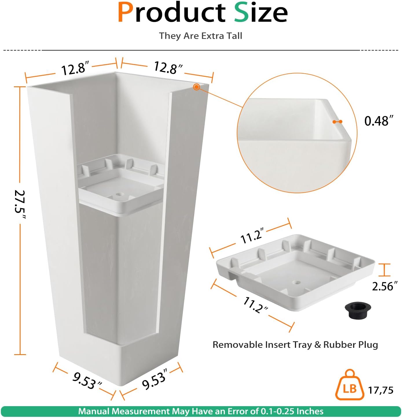 Tall Planters for Outdoor Plants, Large Resin Flower Pots for Garden, Front Porch, Patio, Indoor - Set of 2 (White, 27.5 inch - 2 Pack)