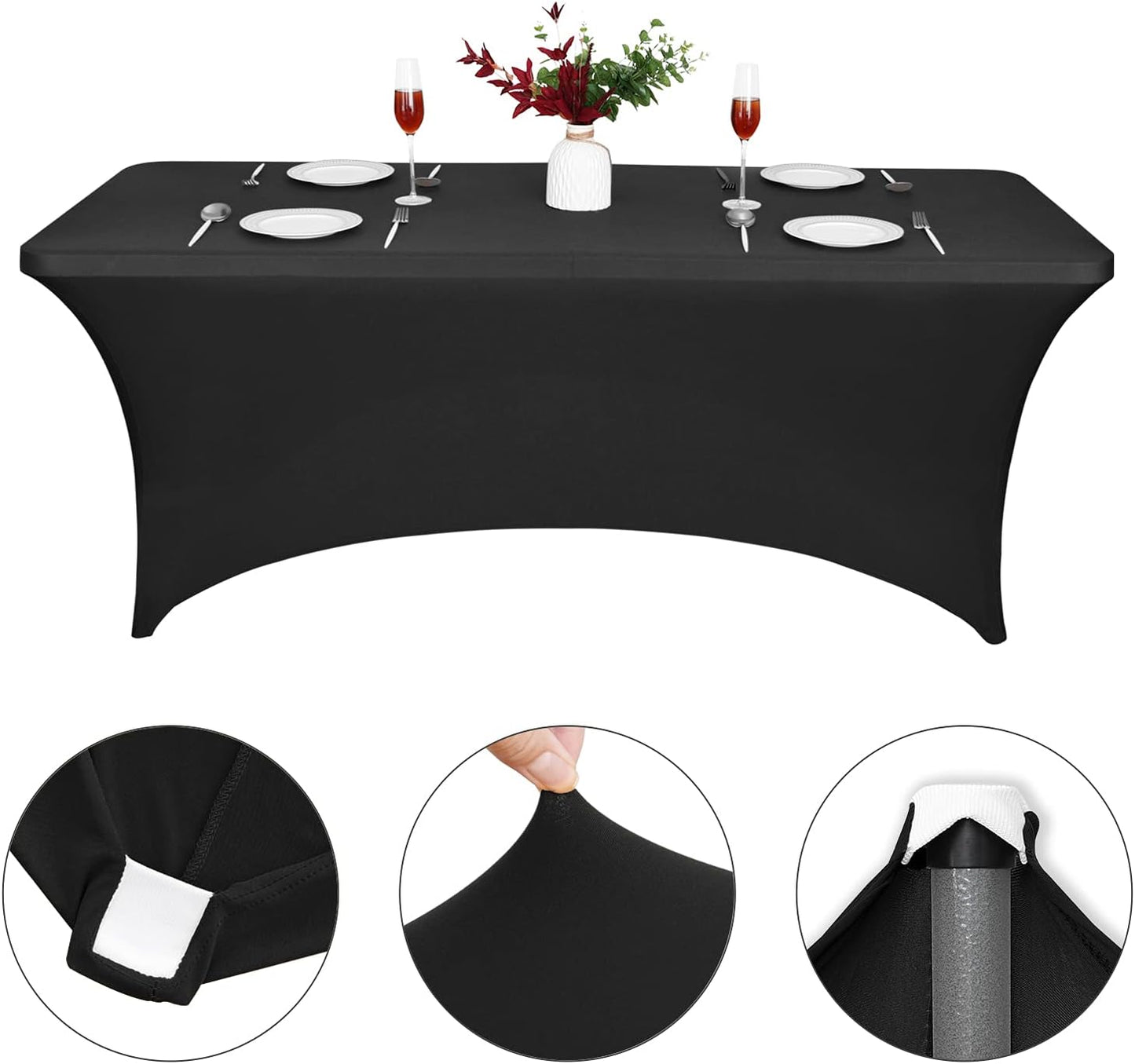 CWK 6FT Stretch Spandex Table Cover for Rectangular Tables - Elastic Fitted Tablecloth for Folding Tables, Wrinkle Resistant, Durable Table Protector for Parties,Weddings,Banquets &Events (Black)
