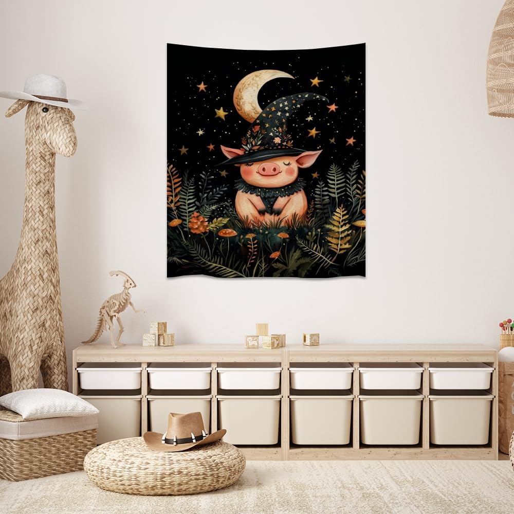 Whimsical Witch Pig Tapestry Wall Hanging Cute Farmhouse Animal Tapestry Aesthetic Moon and Stars Pictures Print Cottagecore Witchy Halloween Artwork Tapestries Decor for Living Room Bedroom 60x80inch