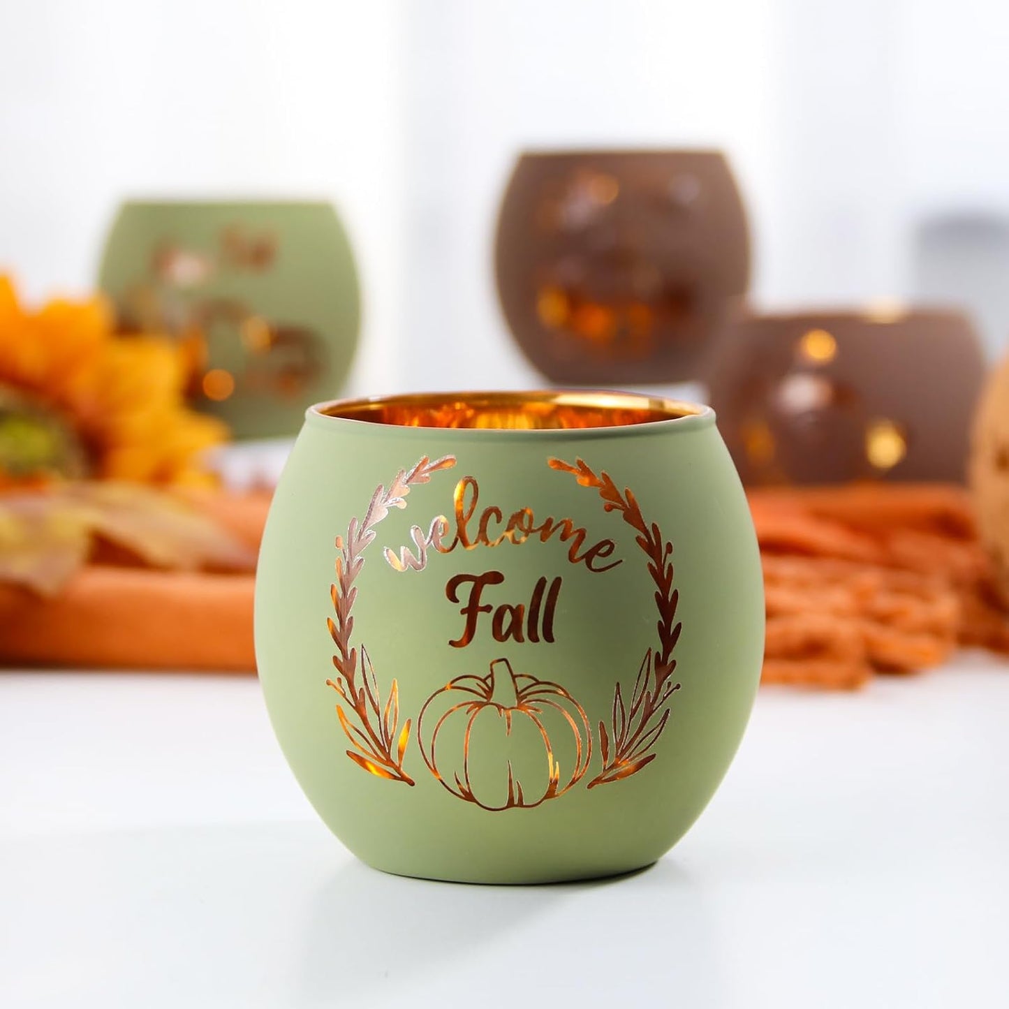 SHMILMH Fall Table Centerpiece Decorations Set of 12 Glass Votive Tealight Candle Holder for Wedding, Party, Thanksgiving, Fall Decor for Indoor and Outdoor