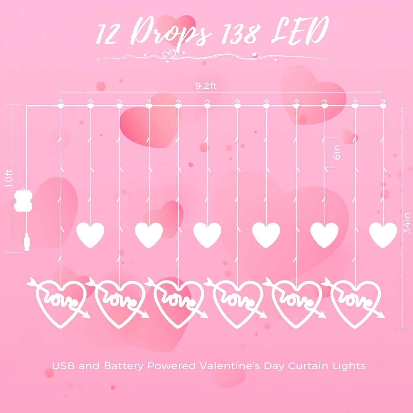 Valentines Day Decor, 138LED Love Heart Curtain Lights with Remote 8 Modes for Bedroom, USB and Battery Powered Valentines Lights for Wedding Birthday Anniversaries Party Decor (Pink)