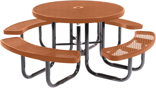 Heavy-Duty Portable Outdoor Picnic Table with Umbrella Hole, Expanded Metal Commercial-Grade Patio Dining Furniture Made in America (46" Round Top, Textured Copper)