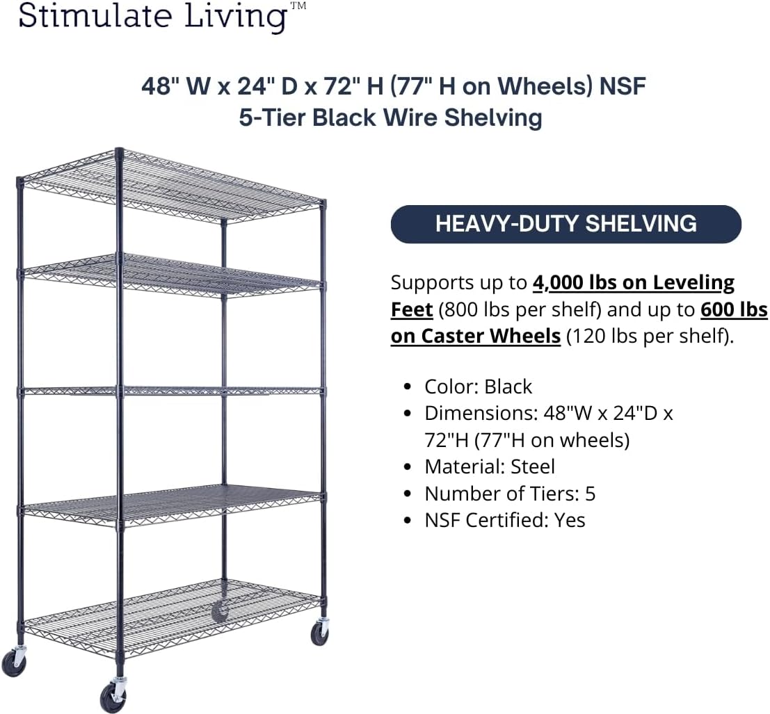 48"x24"x72" Prime Heavy Duty Black 5-Tier Steel Wire Shelving NSF 4000 LBS MAX Capacity Storage Rack for Commercial, School, Home, Garage, Warehouse, Industrial, and Hospital Uses (with Wheels)