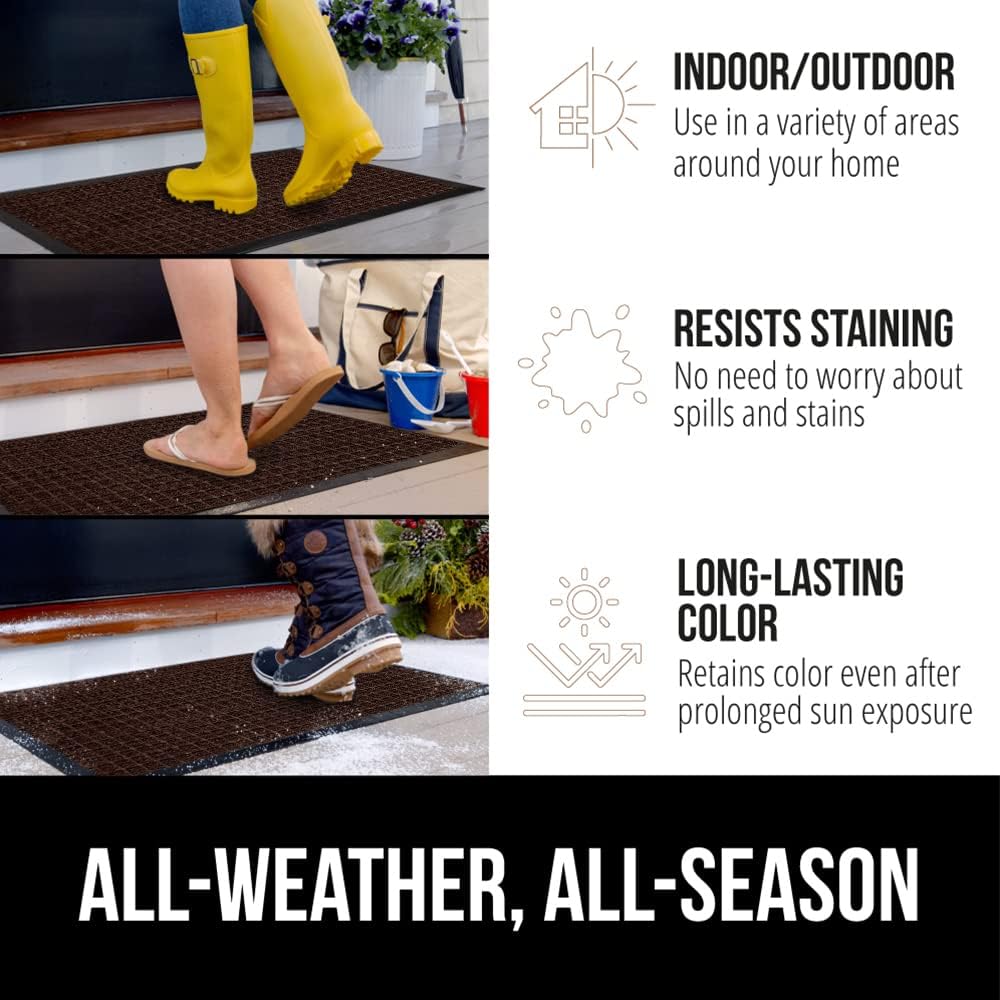 GORILLA GRIP 100% Waterproof All-Season WeatherMax Doormat 35x23, US Designed Natural Rubber, Stain and Fade Resistant, Low Profile Indoor Outdoor Door Mats, Easy Clean Patio Mat, Coffee Squares