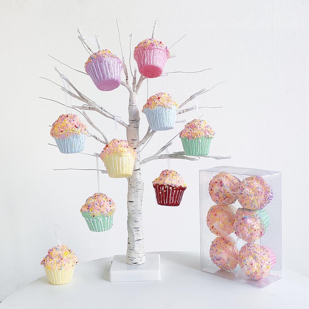 Cupcake Party Decorations Ornaments,6pcs Hanging Christmas Tree Candy Ornaments, Macaron Color Mini Dessert Cupcake Pendant Set for Xmas New Year Birthday Home Party Supplies (Cake)