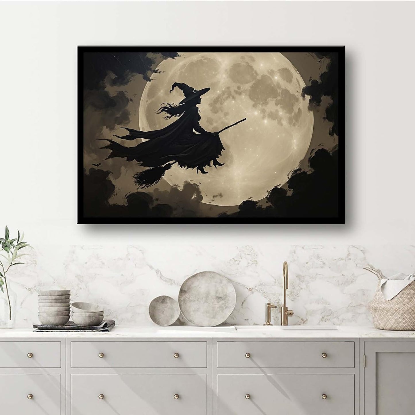 JFHCQJPK Full moon witch silhouette poster witch on magic broom Halloween mural poster decorative mural art suitable for home living room bedroom20x30in Metal blackFramed