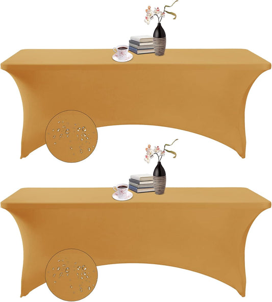 2Pack Spandex Waterproof Table Covers 8ft，Spandex 8ft Waterproof Table Cover for Party,Wedding, Banquet, and Events(Gold)