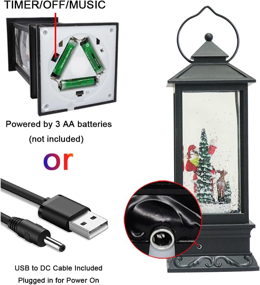 Eldnacele Christmas Snow Globe Lantern with Music, Battery Operated Lighted Swirling Glitter Water Lantern with Timer for Christmas Home Decoration, Santa