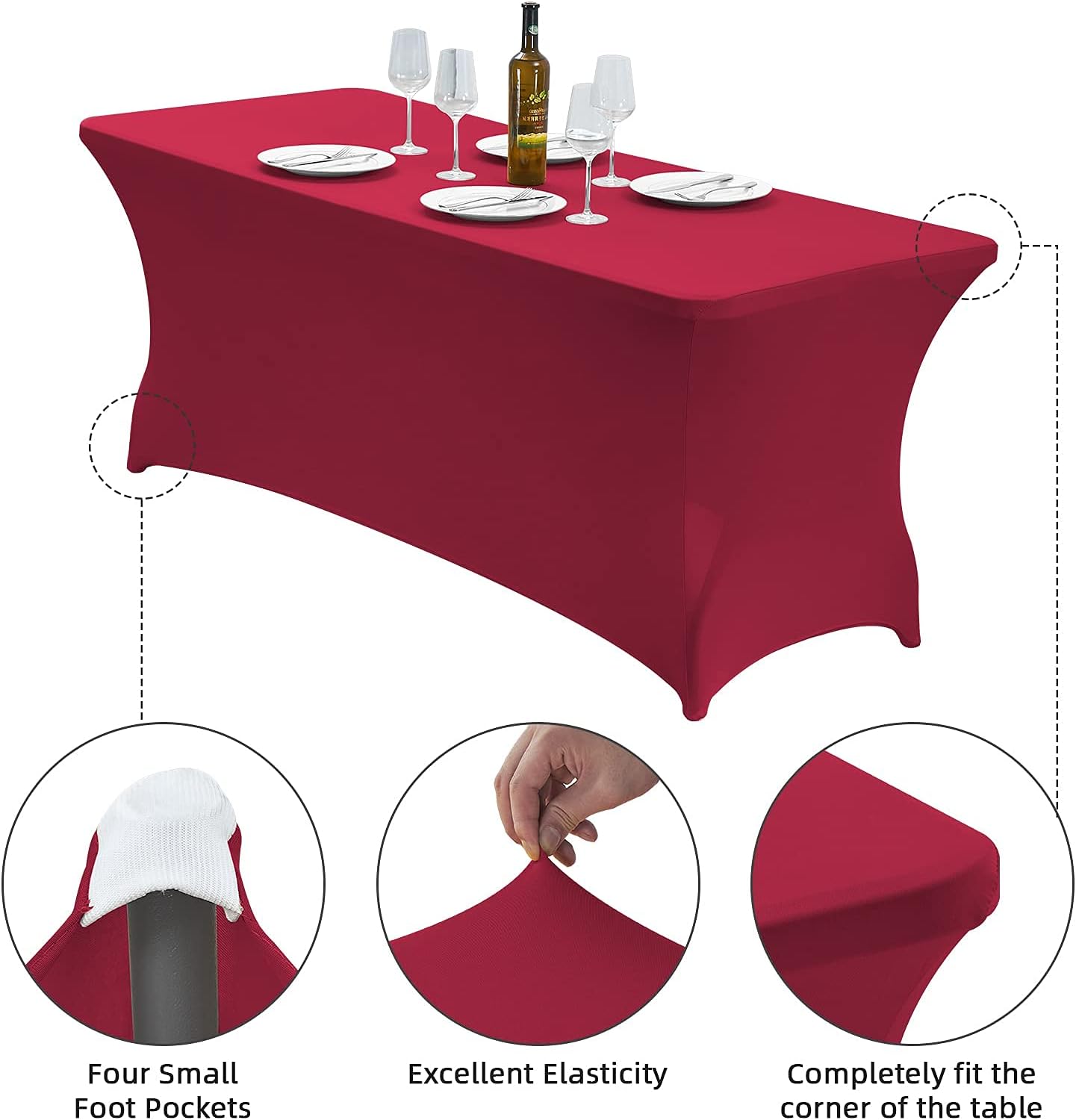 CWK 6FT Waterproof Stretch Spandex Table Cover for Rectangular Tables - Elastic Fitted Tablecloth for Folding Tables,Wrinkle Resistant Table Cloth for Parties, Weddings, Banquets & Events(Apple Red)