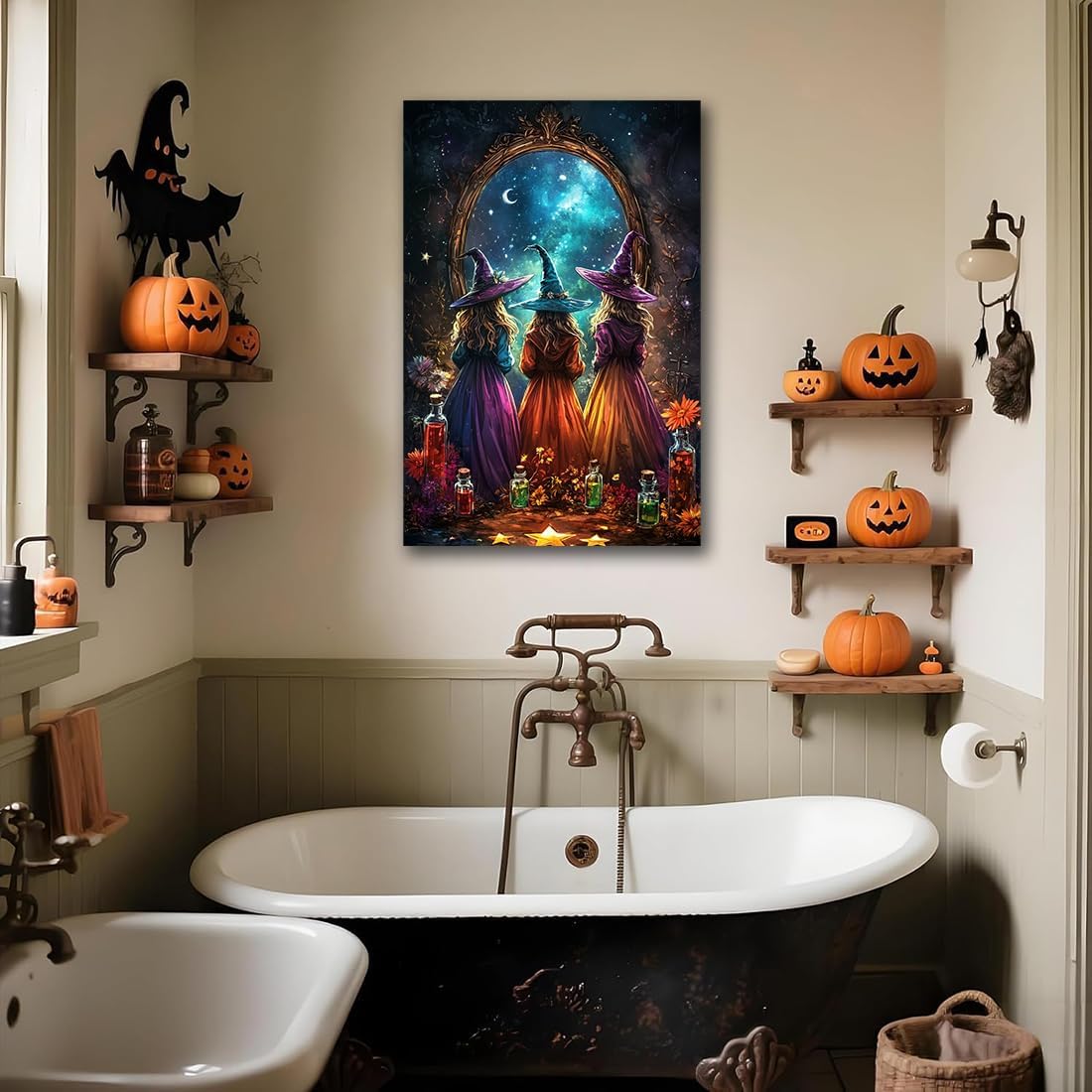 Witch Poster Halloween Fall Wall Art Decor,Three Witches with Magic Potion Mirror Colorful Vintage Print,Dark Academia Spooky Canvas Art Prints for Home Living Room,20"x30" Framed