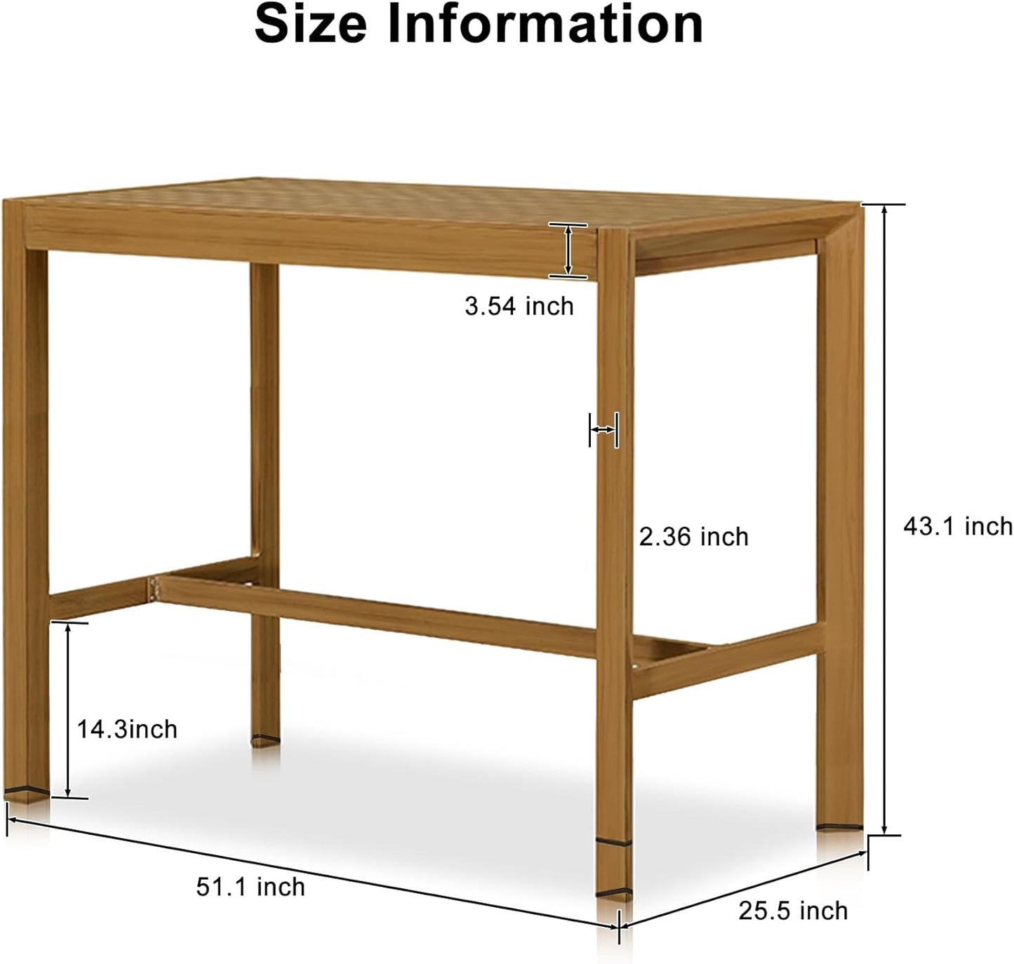 PURPLE LEAF 43.1'' Rectangle Outdoor Patio Bar Height Pub Table, Outside Aluminum Tall Kitchen Bar Table with Sturdy Legs for Bar Stool, Indoor and Outdoor, Garden, Teak