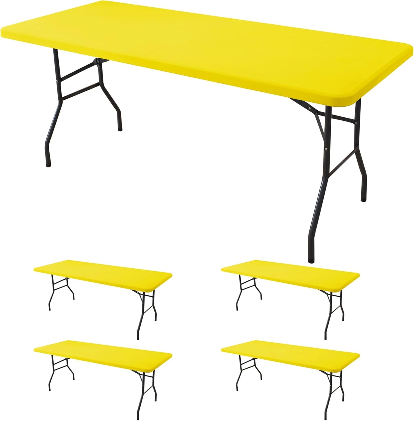 Fitted Tablecloth for 8 Foot Rectangle Tables-4 Pack Yellow Elastic Outdoor Picnic Table Cover-Spandex Stretch Folding Table Cloths 8ft for Camping Dining Room Patio Kitchen Banquet Party