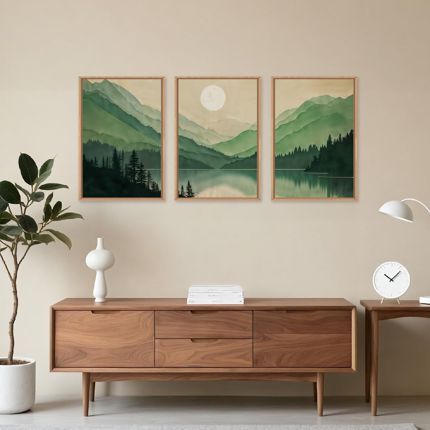 Celestdeco Watercolor Mountains Framed Canvas Wall Art Set, Boho Sun Forests Wall Decor, Green Scenery Wall Painting, Modern Woodland Artworks for Living Room, Bedroom, Dining Room, Office - 16"x24"x3