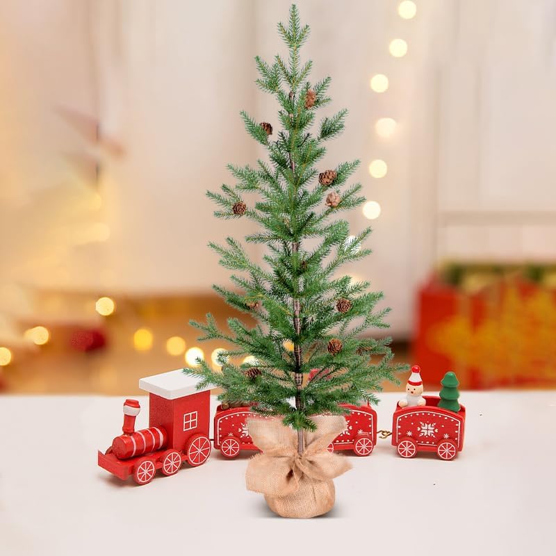 3FT Tabletop Artificial Christmas Tree, 209 Realistic PE Branches, Pine Cone Decorations, Unlit, Cement Base Wrapped in Burlap, Green