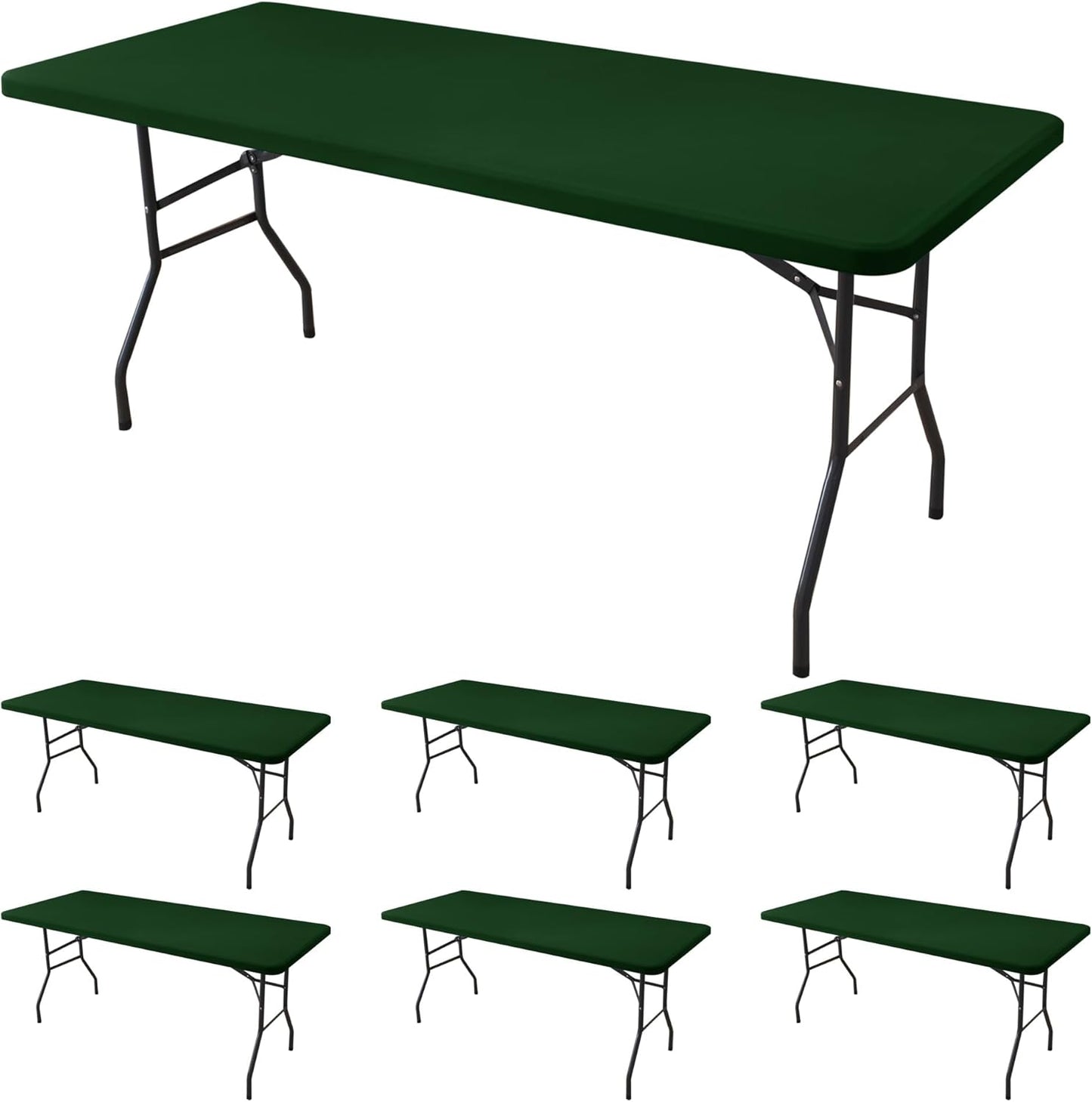 Fitted Tablecloth for 8 Foot Rectangle Tables-6 Pack Hunter Green Elastic Outdoor Picnic Table Cover-Spandex Stretch Folding Table Cloths 8ft for Camping Dining Patio Kitchen Banquet Party