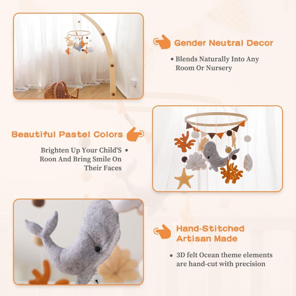 Baby Mobile for Crib - Ocean Animal Baby Mobiles - Baby Nursery Mobiles with Handmade Soft Felt Whale - Woodland Nursery Decor Toys for Ceiling Hanging | Perfect Baby Shower Gift for Baby Boys Girls