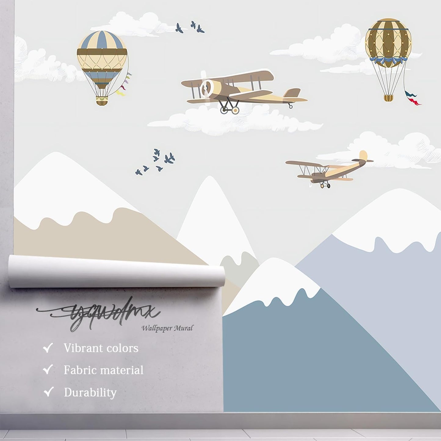 -Children's Room Cartoon Balloon Mountain Fabric Wallpaper Nursery Mural 100" x 65" (Not Peel and Stick)