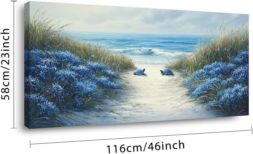 LASMOND Romantic Beach Wall Art for Living Room Blue Sea Turtle Lovers Canvas Painting Prints Ocean Sandy Romance Flowers Large Bedroom Office Decor Artwork (46x23 Inches)