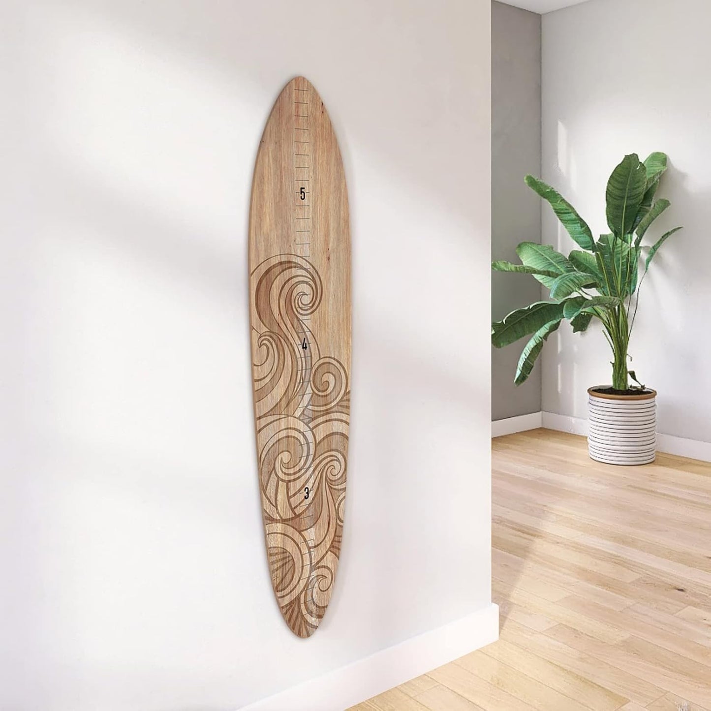 Wooden Surfboard Wall Decor Growth Chart - Surfboard Art Decor for Kids Room, Wood Surfboard Kids Sizing Chart, Surf Boards Art, Height Board Surfer Decor - Brown Wave (9.5"x 46")