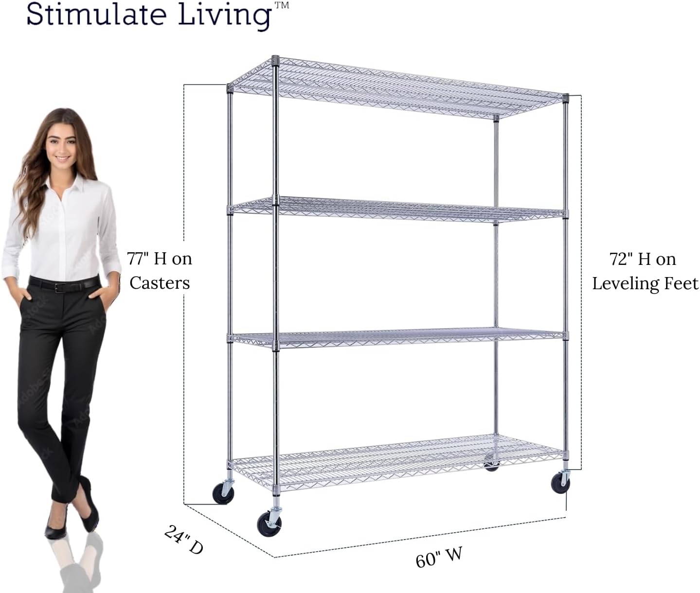 60"x24"x72" PRIME HEAVY DUTY Chrome 4-Tier Wire Shelving NSF 2400 LBS MAX Capacity Storage Rack for Commercial, School, Home, Garage, Warehouse, Industrial, and Hospital Uses (with Wheels)