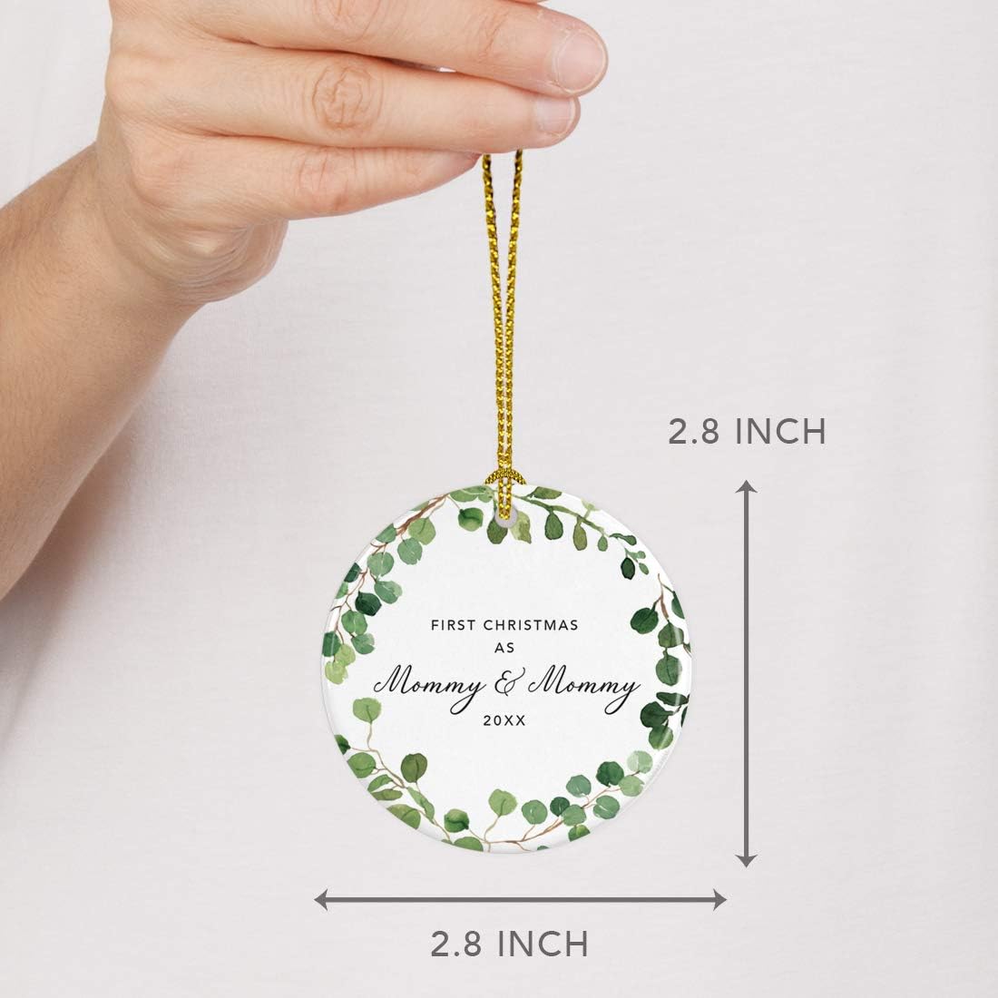 Andaz Press Custom Year Round Ceramic Porcelain Christmas Tree Ornament Keepsake Collectible Gift, First Christmas as Mommy & Mommy 2025, Farmhouse Eucalyptus Wreath, 1-PackLesbian Couple