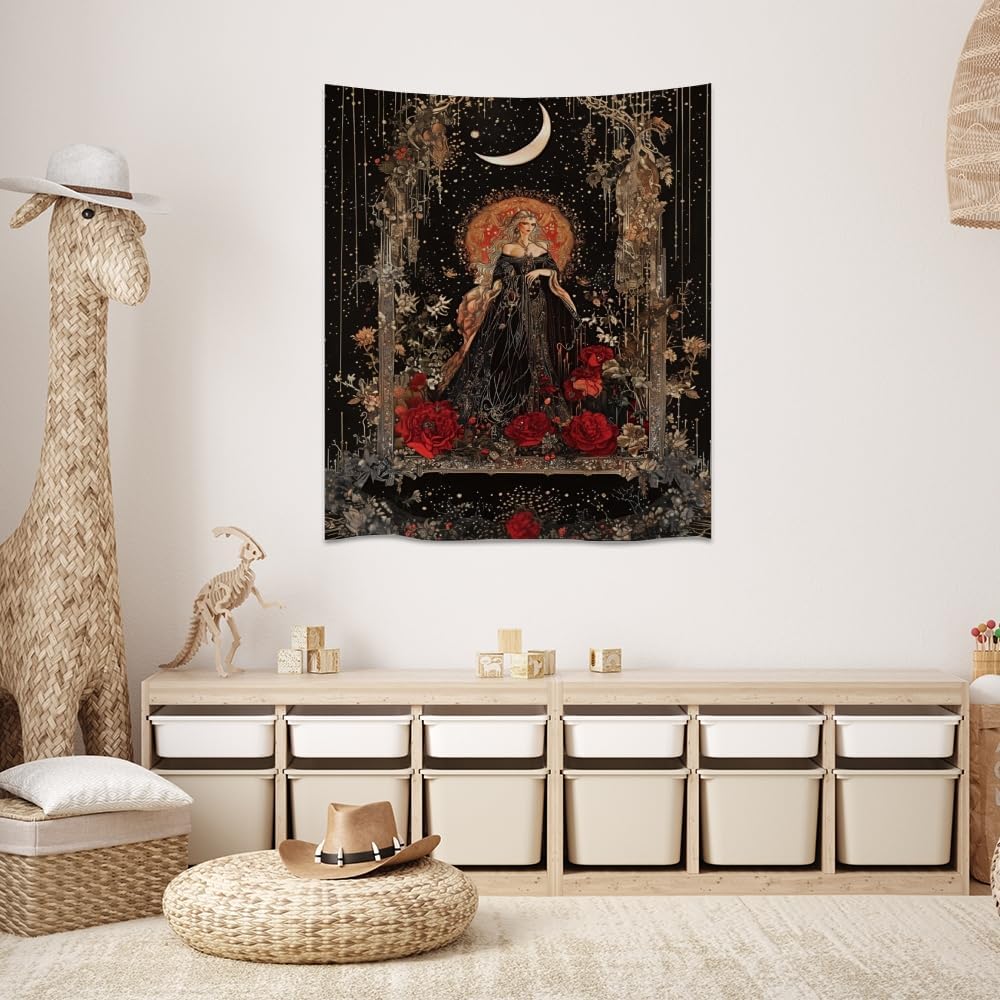 Dark Academia Moon Goddess Tapestry Gothic Fantasy Rose Wall Art Mystical Witchy Woman Print Victorian Artwork Aesthetic Tapestries Wall Hanging for Girls Room Bedroom Decor 30x40inch