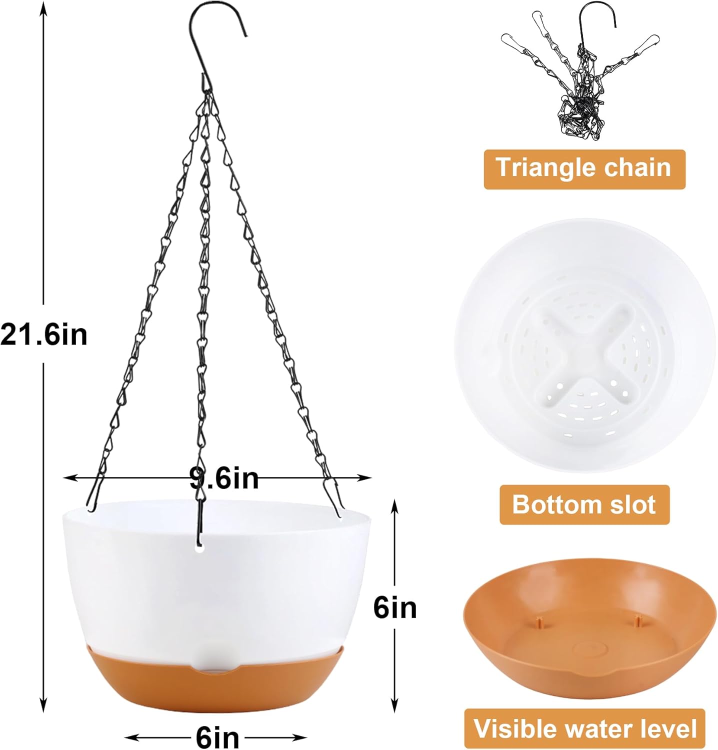10 inch Hanging Planters Self Watering Pots for Indoor Plants, 3 Pack Plastic Hanging Basket with Removable Tray for Home Garden Porch Balcony Patio Decor (White)