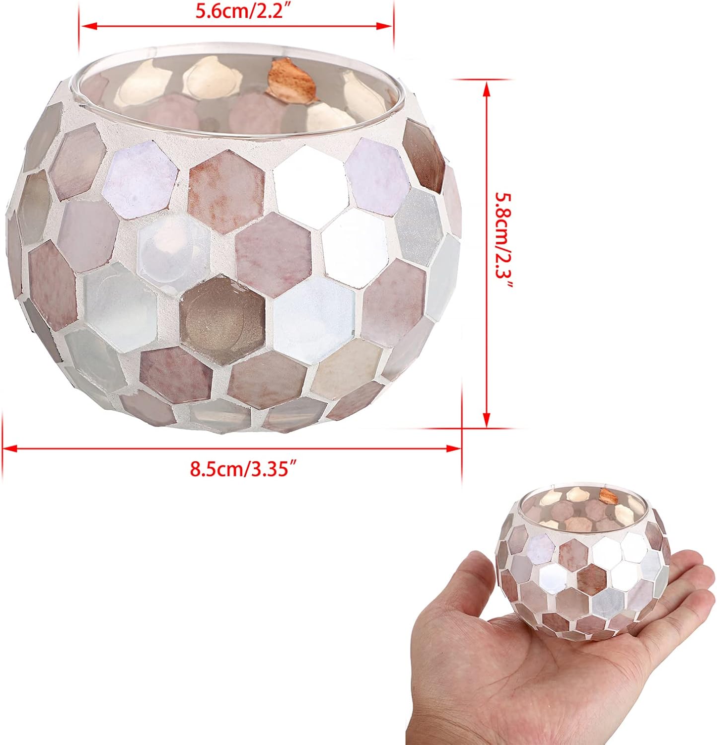 OwnMy Set of 3 Mosaic Glass Tea Light Holders Round Bowl Votive Candle Holders Pillar Candle Stands, Glass Mosaic Tealight Holders Potted Plant Bowl Vase Candle Centerpiece for Dining Table Wedding