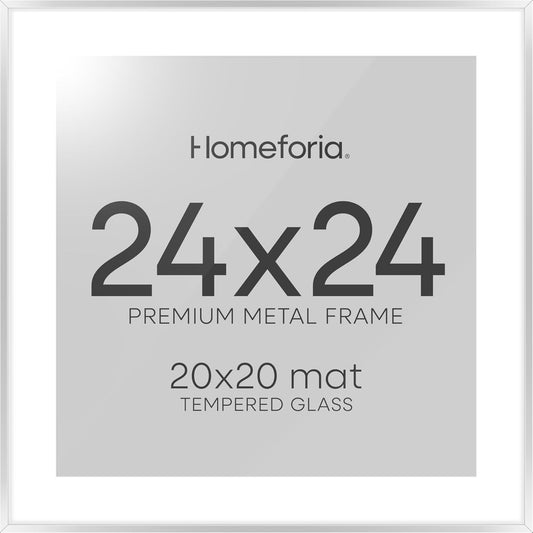 Homeforia 24x24 Silver Picture Frame, High End Metal 24 x 24 Large Square Silver Frames with Mat 20 by 20 inch Photo, 24by24 Thin Poster Frame Matted to 20x20 Print, Tempered Glass, Wall Kit, Set of 1