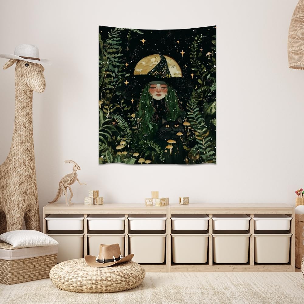 Moon Witch Tapestry Wall Hanging Mystical Botanical Green Print Dark Forest Witchy Decor Gothic Magical Black Cat and Moon Tapestries for Bedroom Living Room Dorm Decoration Aesthetic 30x40inch