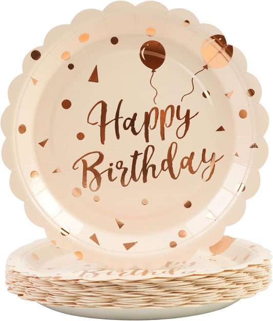 50PCS Pink Rose Birthday Paper Plates - 7 Inch Happy Birthday Cake Plates Scalloped Pink Dessert Plate Disposable Party Tableware Set for Girls Women Birthday's Party Supplies Decorations