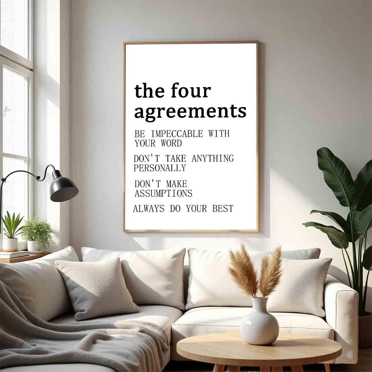 The Four Agreements Poster Inspirational Wall Art Black And White Quote Posters Positive Inspirational Wall Art Vintage Poster Motivational Painting Modern Canvas Minimalist Decor 16x24inch No Frame