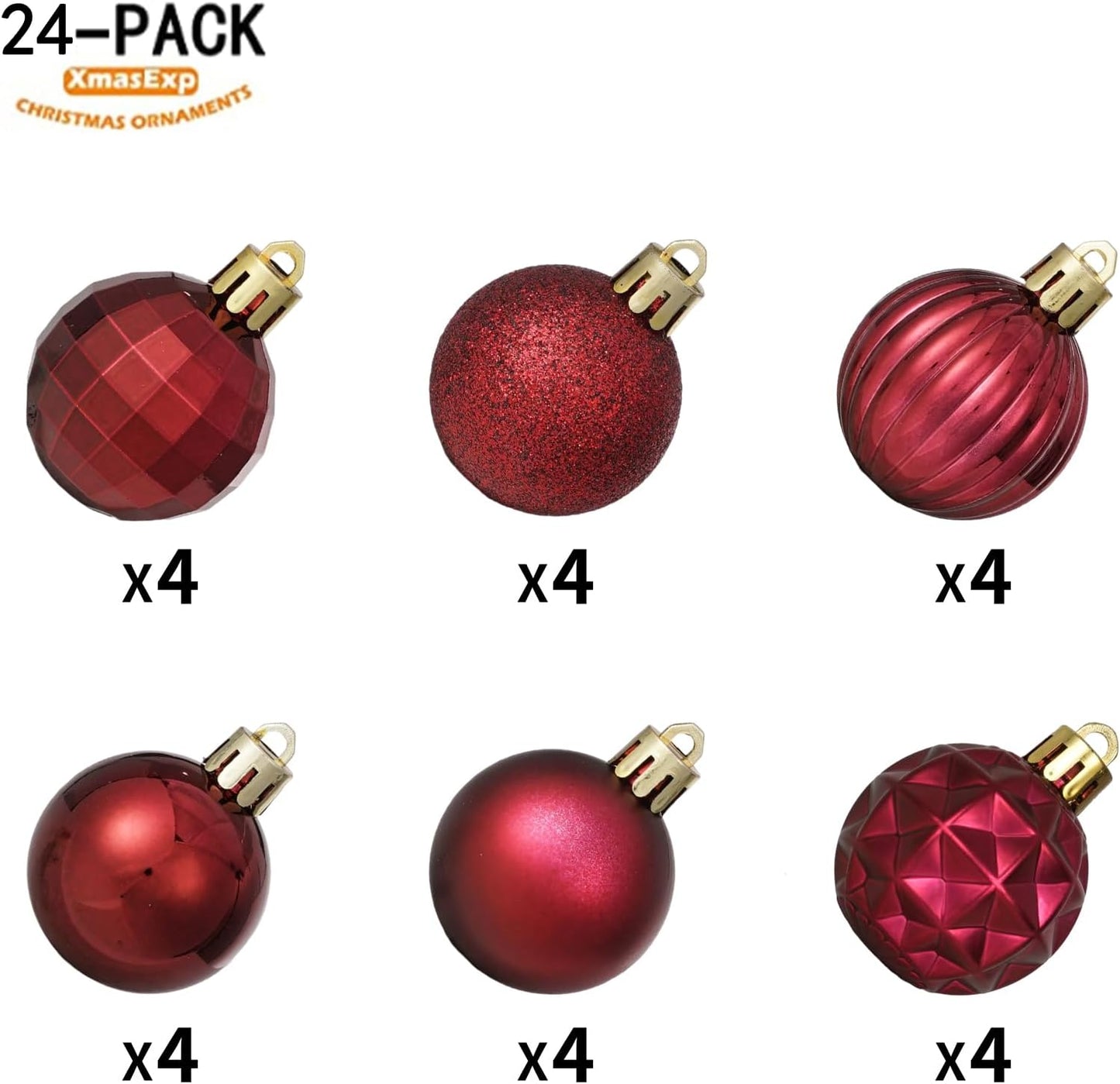 XmasExp 24ct Christmas Ball Ornaments Shatterproof Christmas Ornaments Set Decorations for Xmas Tree Balls(1.57''/40mm, Burgundy)