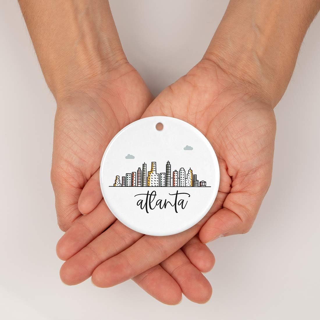 Andaz Press Round Ceramic Porcelain Christmas Tree Ornament, Atlanta Colorful City Skyline Graphic, 1-Pack Birthday Ideas Family Coworker Gift, Includes Gift Box