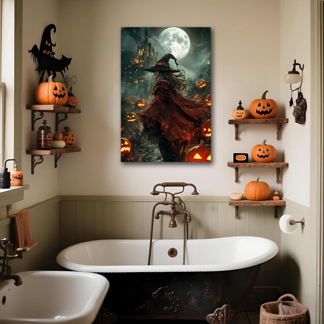 Dark and Moody Gothic Witch Poster Wall Art,Vintage Rustic Witch in Cloak with Castle Pumpkin Road Dark Gothic Poster,Goth Spooky Season Halloween Prints for Fantasy Office,20"x30" Framed