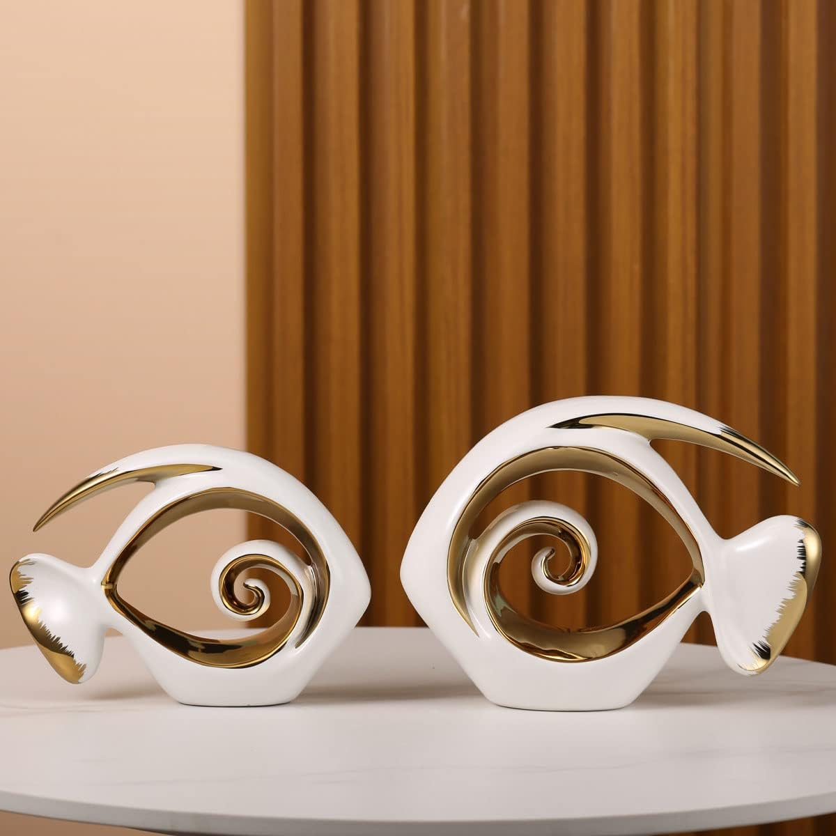 White Gold Ceramic Fish Figurines - Coastal Home Decor, Modern Ocean Centerpieces for Living Room, Dining Area, Bathroom, Office, Coffee Table, Beach House, Nautical, Seaside, Entrance, Shelf Display