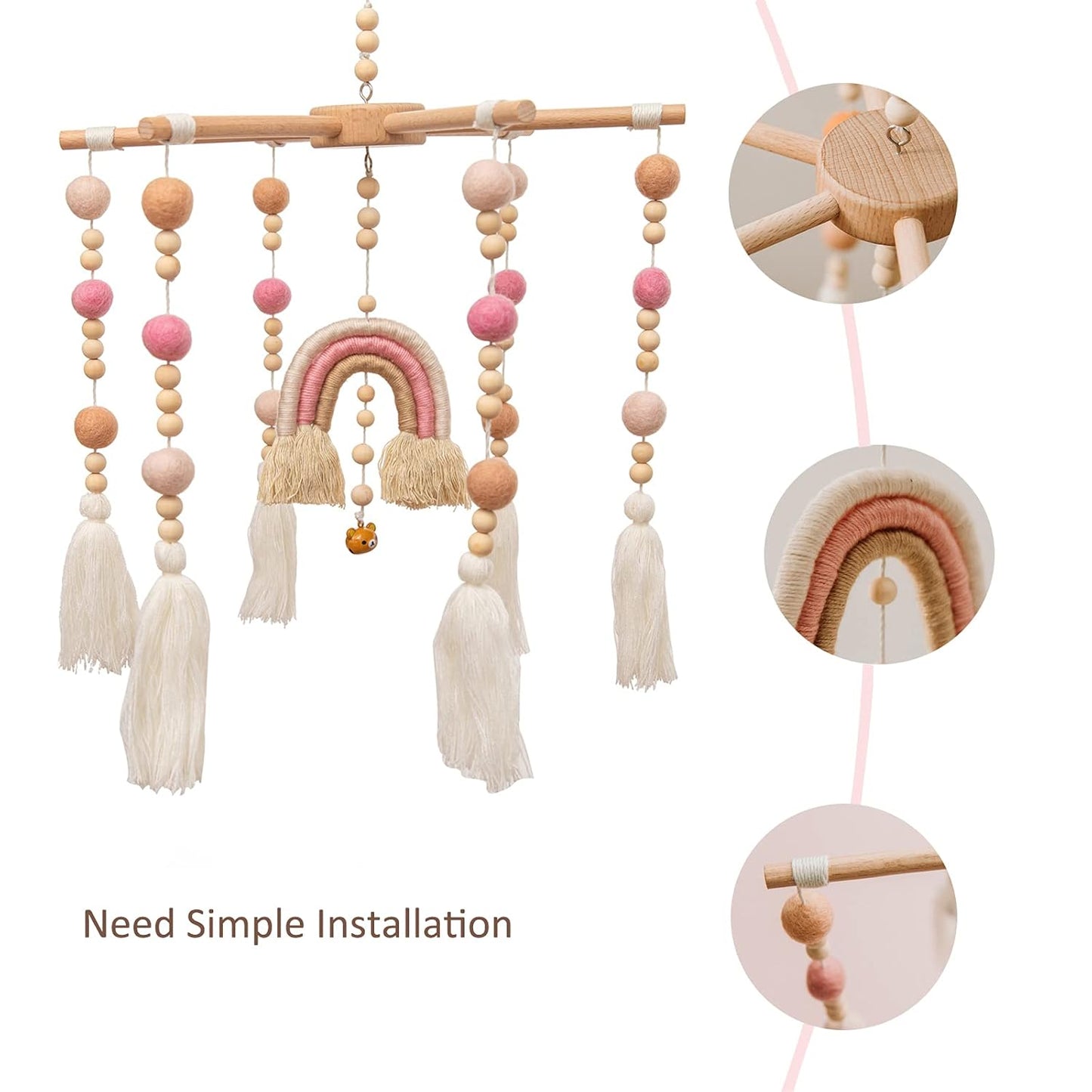 Baby Crib Mobile,Crib Mobile Wooden Mobile with Colorful Cotton Ball Wool Felt Ball Boho Baby Mobile Bassinet Mobile for Crib,Mobile for Baby Nursery and Ceiling Decoration