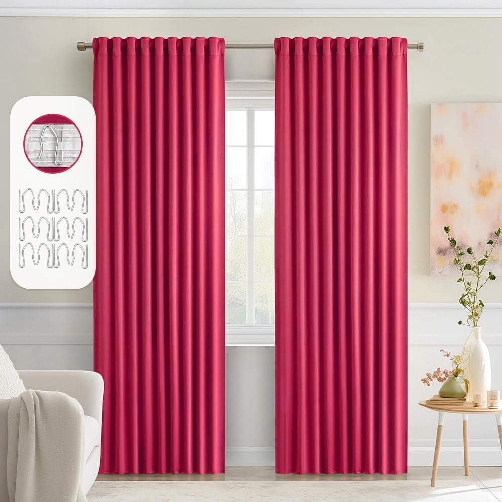 MIULEE Hot Pink Back Tab Blackout Curtains 84 Inch Length 2 Panels Set for Living Room Bedroom Privacy, Rod Pocket/Pinch Pleat Thermal Insulated Room Darkening Pleated Light Blocking Drapes