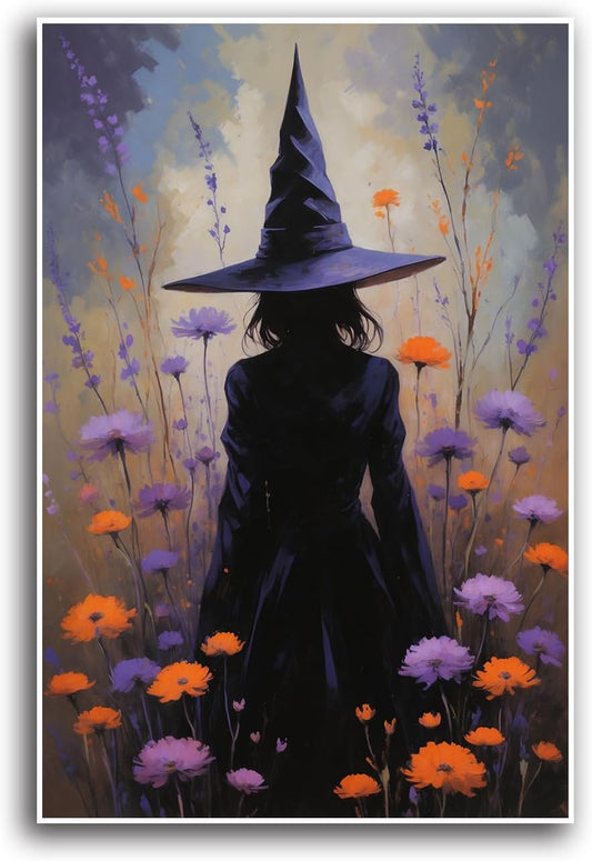 JFHCQJPK Country wildflower witch canvas print halloween mashup art witch purple decoration bohemian elegant art poster32x48in Frameless
