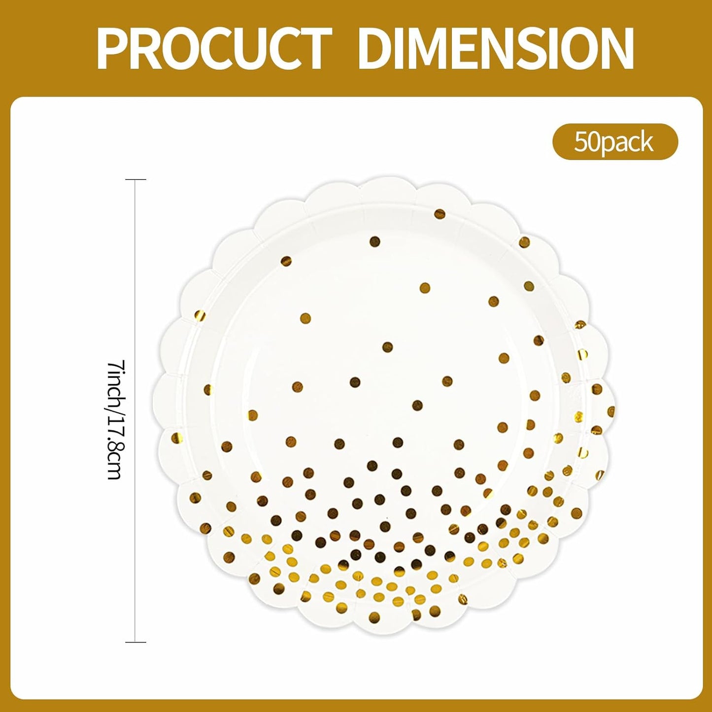 50PCS White and Gold Paper Plates, 7 Inch White Scalloped Party Plates Disposable Dessert Plate Cake Plate for Wedding Engagement Baby Shower Birthday Dinner