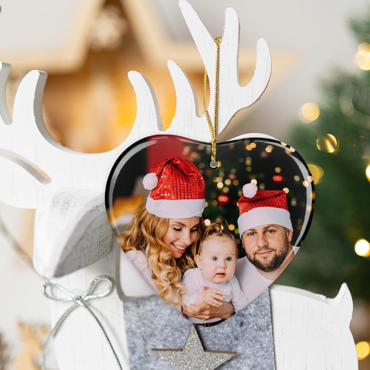 Personalized Christmas Ornaments with Photo and Text, Custom Heart Shape Ceramic Hanging Ornament with Picture for Christmas Tree, Customized Xmas Gift for Parents Family