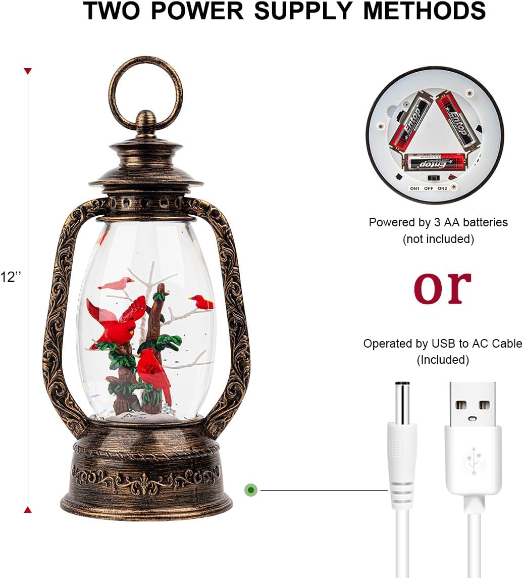 Christmas Snow Globe Lantern Water Glittering 12'' Cardinal with Music, USB Lined/Battery Operated Lighted Lantern for Christmas Festival Decoration Gifts