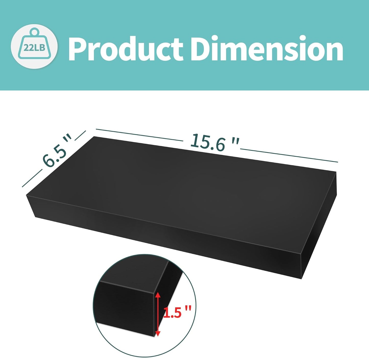 LaVie Home Floating Shelves, 15.6 Inch Wall Shelf Set of 3, Hanging Shelf with Invisible Brackets, Wall Decor for Bathroom, Bedroom, Living Room, Kitchen Storage, Classic Black