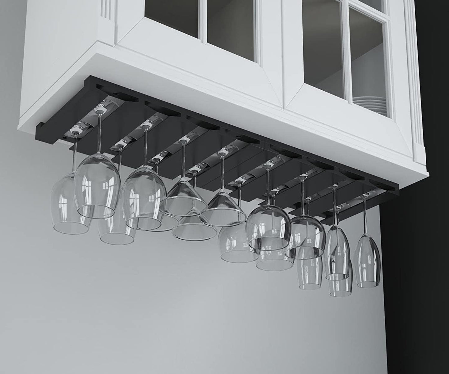 Rustic State Eze 4 Sectional Wood Under Cabinet Wine Glass Holder Wine Glass Rack Hanging Shelf Stemware Bar Organizer - 12 Wine Glass Storage - 10 Inch Deep - Black