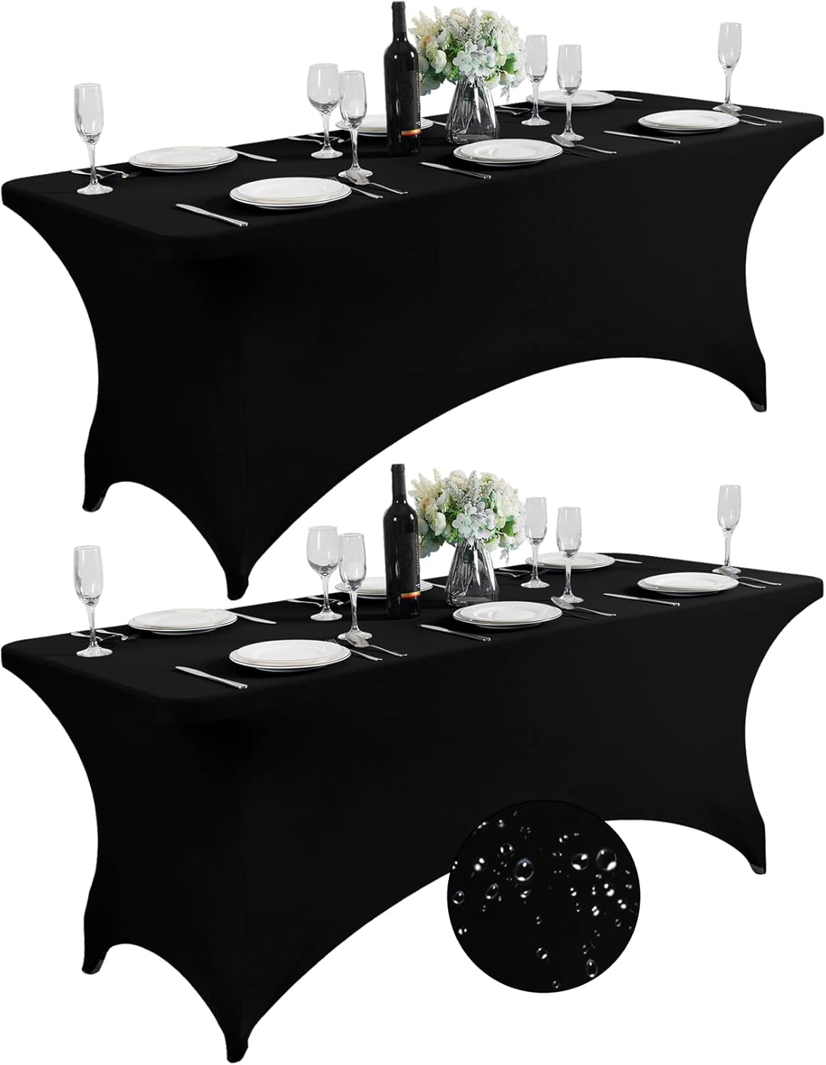 SuperO 2Pack Waterproof Spandex Table Cover for 6FT Table Universal Fitted Stretch Tablecloth for Party, Banquet, Wedding and Events-Black